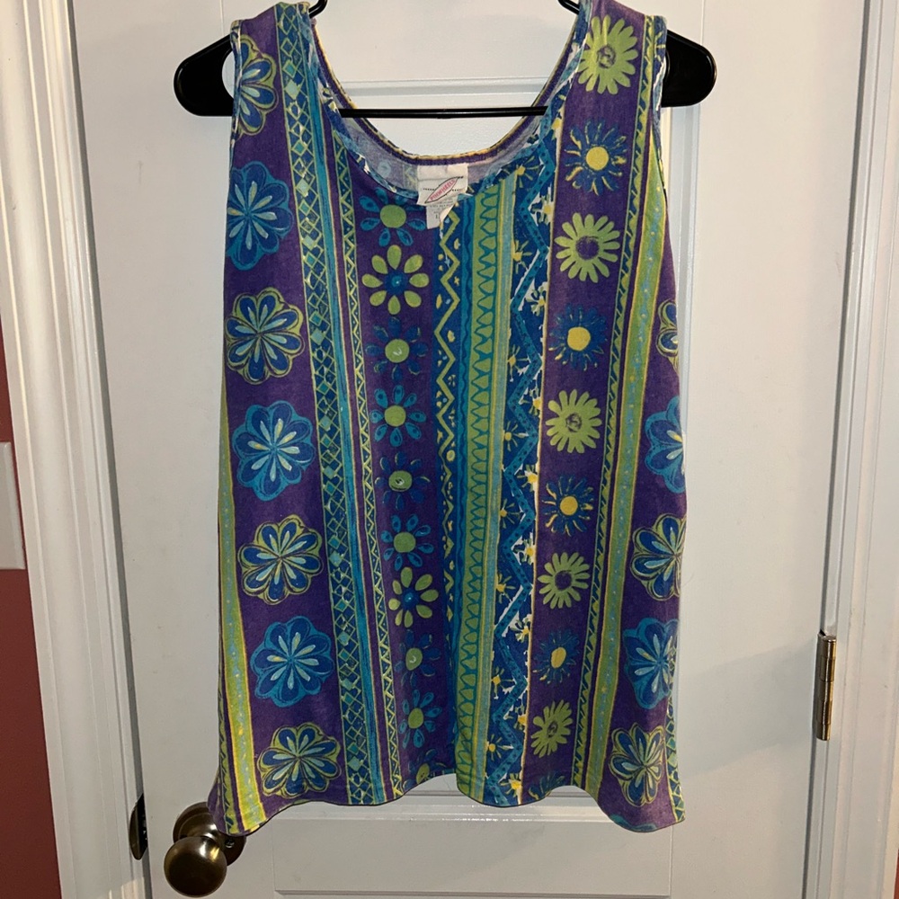 VTG 80s 90s PINWHEELS Colorful Floral & Striped Tank Top Boho Print Made in USA